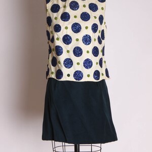 1960s White Blue and Green Oversized Polka Dot Sequin Blouse and Velvet Mini Skirt Suit Outfit XS image 5