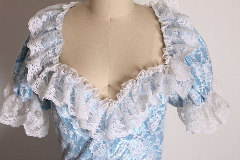 1970s Victorian Style Metallic Blue and White Ruffle Gathered - Etsy