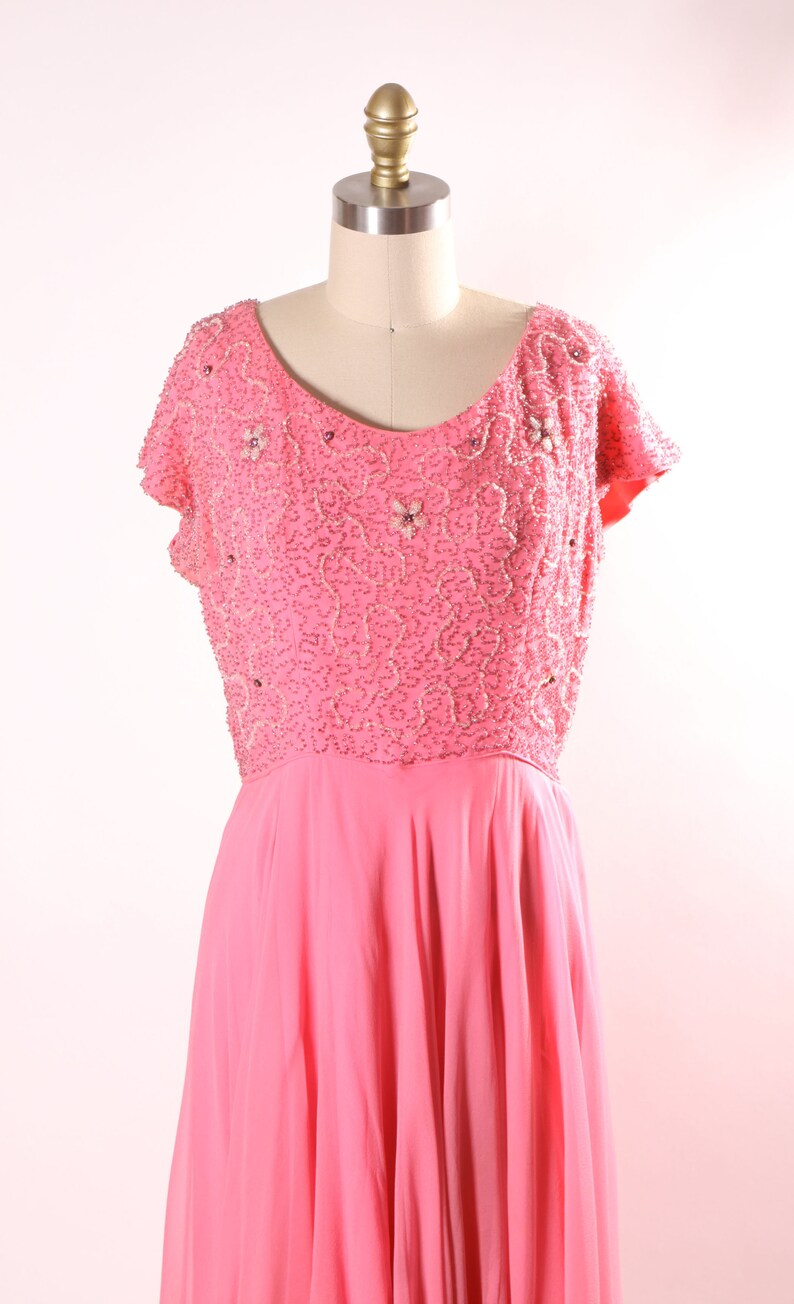 1960s Pink Short Sleeve Swirl Floral Beaded Chiffon Overlay Plus Size Volup Dress L image 3