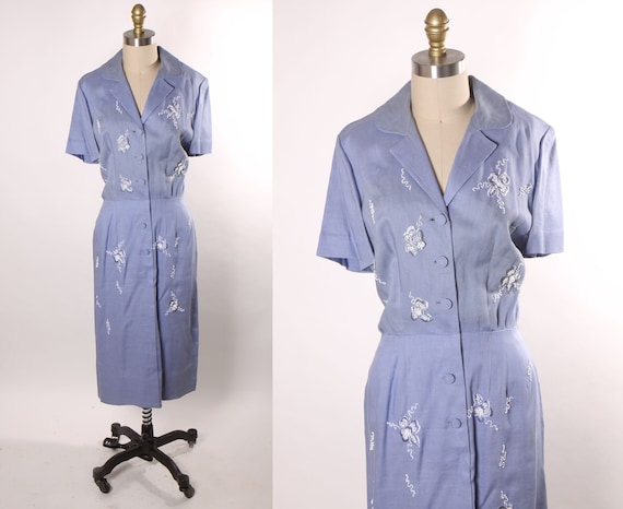 1940s Light Blue Short Sleeve Floral Beaded Dress -L