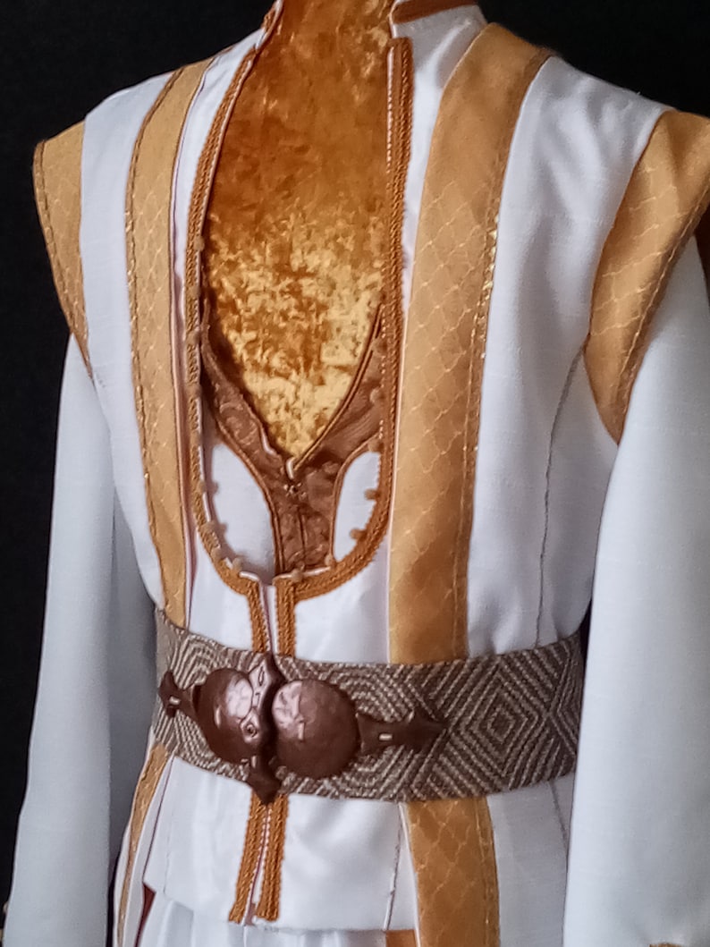 Puede incluir: Un disfraz blanco y dorado con cuello alto y adornos decorativos. El disfraz presenta detalles dorados en los hombros, las mangas y el corpi&ntilde;o. Un cintur&oacute;n marr&oacute;n estampado con hebilla de bronce ci&ntilde;e la cintura. La parte trasera del disfraz es visible.