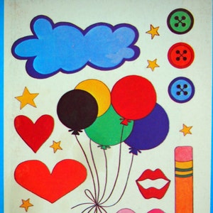May include: A colorful illustration with a blue cloud, red, green, blue, and black balloons, red hearts, a broken pink heart, a red heart with a key, a red mouth, a yellow pencil, and yellow stars.