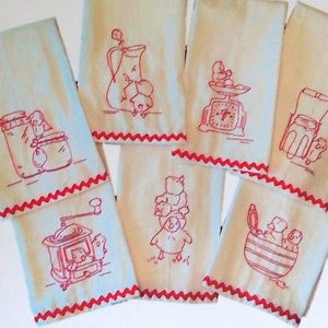 May include: Seven hand embroidery patterns for kitchen towels featuring a variety of designs, including a pitcher, a scale, a stove, and a basket of chicks. The patterns are 7 inches by 8 inches and can be enlarged or shrunk as desired. Funclub Designs FC119.