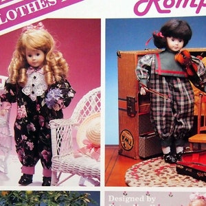 May include: Four doll romper outfits for 16-inch porcelain dolls. The outfits are in various patterns and colours, including plaid, floral, and polka dots. The dolls are posed in different settings, such as a white wicker chair, a wooden chair, and a white picket fence.