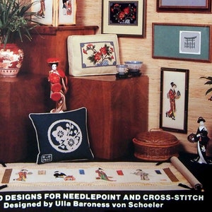May include: A collection of needlepoint and cross-stitch designs inspired by "The Orient". The designs feature traditional Japanese imagery, including cherry blossoms, pagodas, and koi fish. The designs are charted and suitable for both needlepoint and cross-stitch.