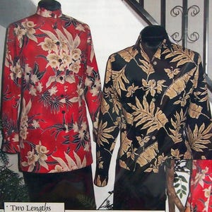 May include: A pattern for a Basic LS Shirt with optional collar and stand. The image shows two long-sleeve shirts with floral patterns, one red and one black. The pattern includes options for two lengths and optional darts. The text on the pattern reads "Shirt Club Pattern" and "Brensan Studios".