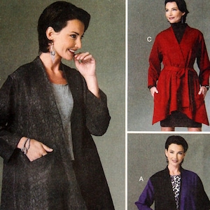 May include: Butterick sewing pattern B6422 by Katherine Tilton for a jacket with pockets. The pattern envelope displays three variations: a dark textured jacket, a red belted jacket, and a black and purple color-blocked jacket.