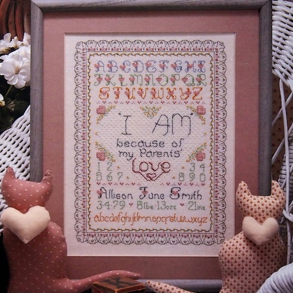 I Am - Enlaced With Love Baby Sampler By Alli-Cat Vintage Cross Stitch Pattern Leaflet 1990