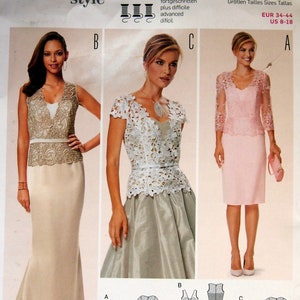 May include: A sewing pattern for a dress and top with lace detailing. The pattern includes three different styles: a long dress with a fitted bodice and a flowing skirt, a shorter dress with a fitted bodice and a straight skirt, and a top with a fitted bodice and a lace overlay. The pattern is for sizes 34-44 EUR and 8-18 US.