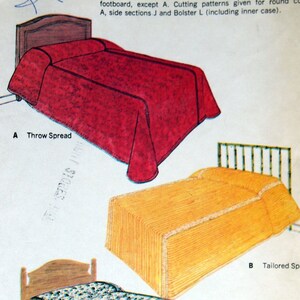 May include: A vintage sewing pattern for three different bedspreads: a throw spread, a tailored spread, and a shirred spread. The pattern is for a twin or full bed and includes instructions for cutting, sewing, and finishing. The pattern is from McCall's and is number 8686.