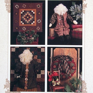 May include: A craft book titled Christmas Morning by Lynette Jensen and Jean Lepper, featuring four images of holiday-themed projects including a patchwork quilt, a Santa doll, a fabric-covered Santa figure, and a decorative wreath with a bow.