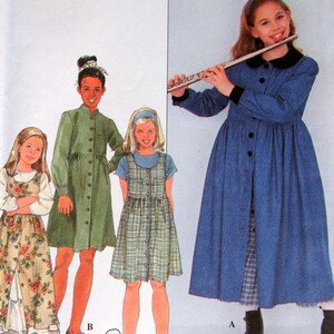 May include: Simplicity sewing pattern 8241, size AA 7, 8, 10. The envelope features illustrations of four outfits: a floral print dress, a solid green button-front dress, a plaid jumper, and a long blue coat with a black collar and cuffs.