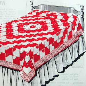 May include: A vintage illustration of a bed with a red and white quilt. The quilt features a geometric pattern with a floral design in the center. The bed skirt is white with a black trim. The text "NINE PATCH or LOVE RING" is at the top.