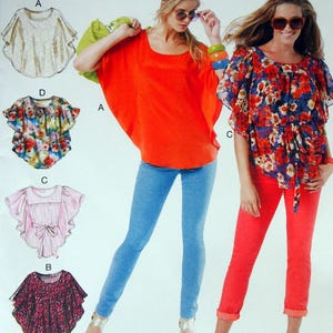 May include: McCall's sewing pattern M6510 featuring various tops. The pattern includes options for different styles, including a red top, a floral top, and other designs. The word "EASY" is in a pink circle.