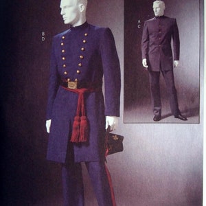May include: A sewing pattern for a men's costume, featuring a long, dark blue coat with gold buttons and a red sash. The pattern is for size XM (Small-Medium-Large) and is from McCall's Costumes.
