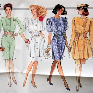 May include: Illustration of five women in dresses. The dresses are button-down with pockets and belts. The dresses are in various colors, including pink with white polka dots, green, white, blue with white floral print, and yellow. The text "Vogue's Basic Design" is at the top.