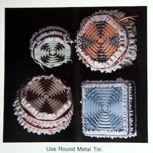 May include: Four different fabric covered boxes with lace trim. The boxes are in various colors and patterns. The text on the image reads "Pineapple Decorator Tin" and "No Sewing Required".