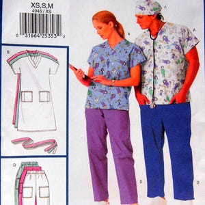 May include: Butterick 4946 Professional Uniform Basics sewing pattern envelope featuring illustrations of scrub tops, pants, hats, and hair accessories. The pattern includes designs for V-neck tops with pockets, elastic waist pants, and surgical caps.