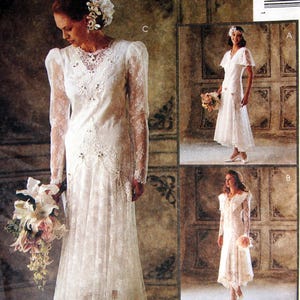 May include: A McCall's sewing pattern for bridal gowns. The main image displays a long, lace wedding dress with a high-low hem. Additional images show different dress styles. The pattern includes the text "Alicyn Exclusives". The size is 12.