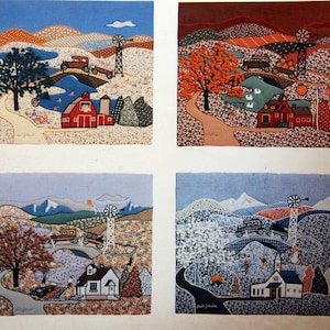 May include: A pattern sheet titled "Fabriscapes" by Gail Johnson, featuring four landscape designs. Each design depicts a rural scene with houses, windmills, and roads, showcasing different seasons. The top of the sheet has the logo "That Patchwork Place".