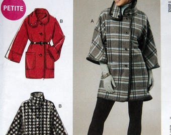 May include: McCall's sewing pattern M6445 featuring coat designs. The pattern includes options for easy and petite sizes. The main image shows a woman wearing a plaid coat. Additional coat styles are shown in red and black and white.