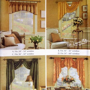 Op de afbeelding: Een Simplicity 4976 naaipatroon-envelop voor raamdecoratie met de titel Window Treatments with a Point of View. De voorzijde toont vier kleurenfoto's van verschillende gordijnstijlen, waaronder valletjes en draperieën, met tekst over raammaten.