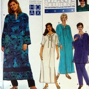 May include: Simplicity sewing pattern for full figure solutions. The pattern features various dress designs, including a long blue floral print dress, a white dress, a teal dress, and a blue tunic with trousers. The text "easy to sew" is also visible.