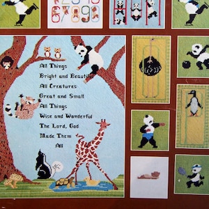 May include: A book cover with the title "Charted Creatures" by Bette Elovitz. The cover features a variety of colorful animal illustrations, including pandas, giraffes, penguins, and raccoons. The book is for needlepoint, cross stitch, latch hook, knit, and crochet.