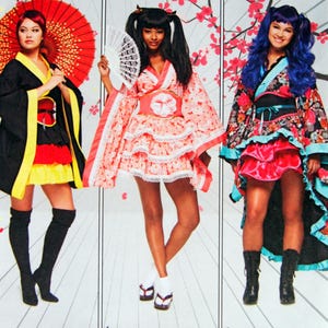 May include: Simplicity sewing pattern 8317 H5 for costumes featuring three variations of a short dress with wide sleeves and layered skirts. The pattern envelope displays three different outfits with floral and solid color designs.