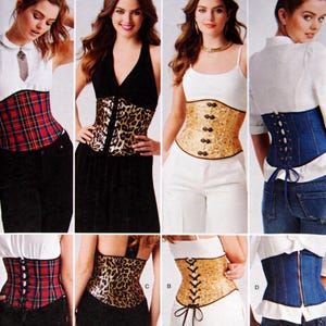 May include: Simplicity sewing pattern 8129 for four variations of a corset. The designs include a red plaid corset, a leopard print corset, a gold textured corset, and a blue denim corset. Each style features front or back lacing details.
