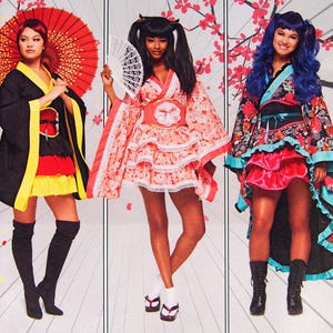 May include: Simplicity sewing pattern 8317 U5 for costumes featuring three variations of short, kimono-inspired dresses with wide sleeves, tiered skirts, and obi-style belts. The pattern includes options for a black, pink floral, and multi-colored floral design.