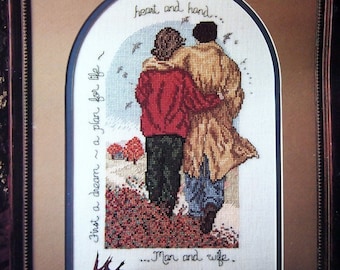 Dépliant vintage de modèle de point de croix compté Homme et femme par D. Morgan 1989