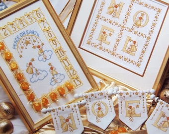 Ángeles dorados de Navidad por Karen Bowdish Vintage contó punto de cruz patrón folleto 1992