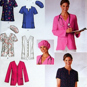 Blusas y gorros quirúrgicos para mujer, tallas 10, 12, 14, 16, 18. Patrón de costura vintage sin cortar Simplicity 3932, 2006.