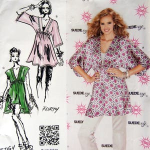 May include: Simplicity sewing pattern 1896A featuring a woman wearing a pink and white patterned top and white pants. The pattern includes sketches of other clothing designs. The text "SUEDE says" is visible.