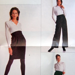 May include: A page from a fashion magazine showcasing three different outfits. Each ensemble comprises a white long-sleeved top matched with a skirt or trousers. The outfits are in shades of black, dark green, and brown. Small clothing illustrations are also present.