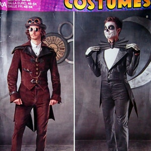 May include: Two costume sewing patterns for men. The pattern on the left is for a steampunk costume with a brown jacket, trousers, and a top hat. The pattern on the right is for a skeleton costume with a black jacket, trousers, and a bow tie. The pattern is titled "Simplicity Costumes" and includes the text "S0235".