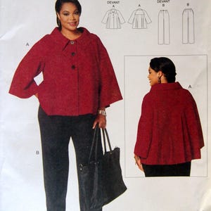 May include: A sewing pattern for a woman's jacket and pants. The pattern, B5690 by Butterick, features a red jacket with a collar and black pants. The image includes a photo of the designer, Connie Crawford.
