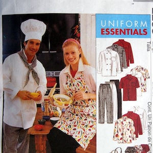 May include: McCall's pattern 2233 for uniform essentials. The image shows a chef and a woman wearing aprons. The pattern includes chef coats, shirts, trousers, aprons, and chef hats. The size is large (42,44).