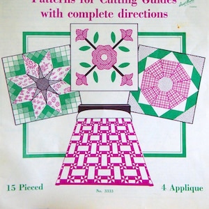 May include: A vintage quilt pattern booklet titled "Quilts Modern - Colonial". The cover showcases three quilt block designs: a star, a flower, and a geometric pattern. The text "Patterns for Cutting Guides with complete directions" is also included. The booklet is numbered 3333.
