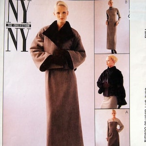 May include: A McCall's sewing pattern featuring a woman modeling a long, brown coat with a black collar and a matching skirt. The pattern includes multiple views and sizes 14-16-18. The text "NY The Collection" is visible.
