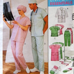 May include: McCall's sewing pattern for Uniform Essentials. The pattern features illustrations of scrubs in various colours, including pink and green. The image also shows a man and woman wearing scrubs, examining an X-ray.