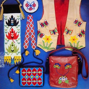 May include: A book cover with the title "Authentic American Indian Beadwork and How to Do It". The cover features a variety of beadwork projects, including a waistcoat, a bag, and a belt. The projects are all in traditional Native American styles and feature bright colours.