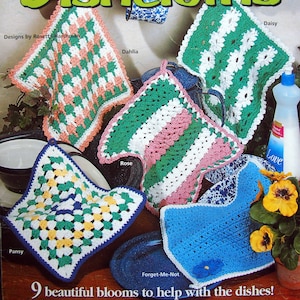 Florale Geschirrtücher - 9 schöne Blüten als Hilfe für die Gerichte von Rosetta Harshman Vintage Crochet Leaflet 1997