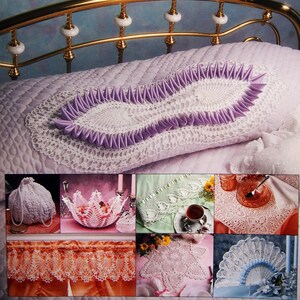 May include: A book cover titled "Antique Pineapples" with a gold bed frame in the background. The cover features a white and purple crocheted pillow. Additional images showcase various crochet projects, including doilies, curtains, and a drawstring bag.