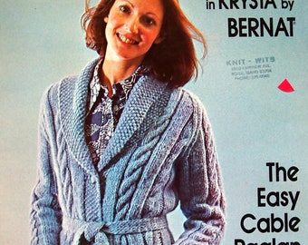 The Easy Cable Raglan Sweater Jacket No. 210 By Bernat Vintage Knitting Pattern Leaflet 1974