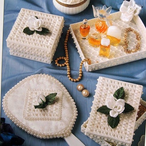 Pearl Vanity Set Von Nanette Seale And Annie's International Plastic Canvas Club Vintage Plastic Canvas Pattern Leaflet 1994