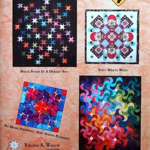Peut inclure: Une page présentant quatre motifs de courtepointes colorés. Le quilt en haut à gauche présente des motifs d'étoiles, celui en haut à droite a un motif floral, celui en bas à gauche a un motif de fleur et celui en bas à droite a un motif tourbillonnant. Le texte comprend "Slow Down, Curves Ahead".
