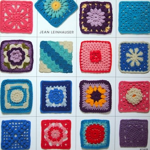 May include: A book cover titled 101 Crochet Squares by Jean Leinhauser featuring a grid of sixteen colorful, textured, square-shaped crochet patterns in various shades of pink, blue, purple, yellow, and white against a white background.