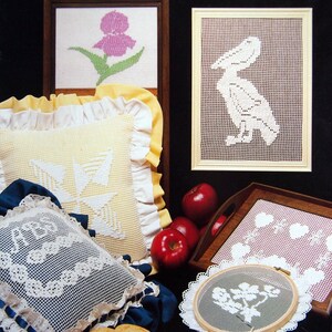 May include: A selection of net lace darning projects, including framed pictures of a flower and a pelican, a cushion, and a tray. The image features a yellow and white color scheme, with the word "NOSTALGIA" at the top.